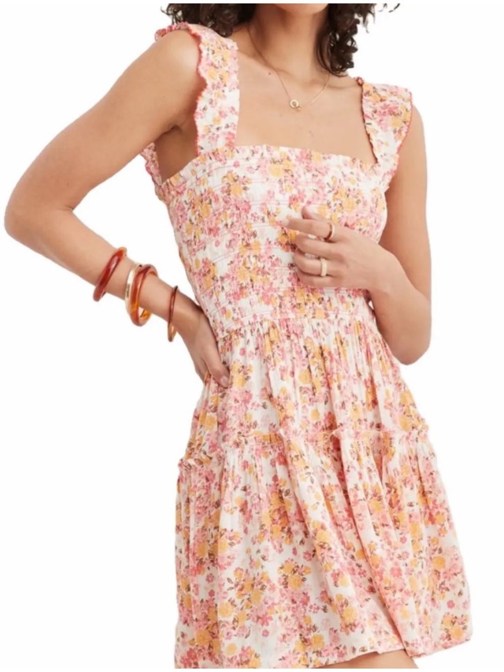 Aerie Floral Smocked Mini Dress S Ruffle Strap Tiered Cottagecore Sundress